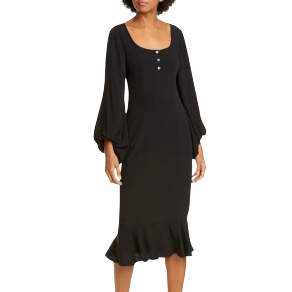 Staud Lara‎ Midi Dress In Black Crepe Balloon Sleeves Ruffled Hemline Size 2